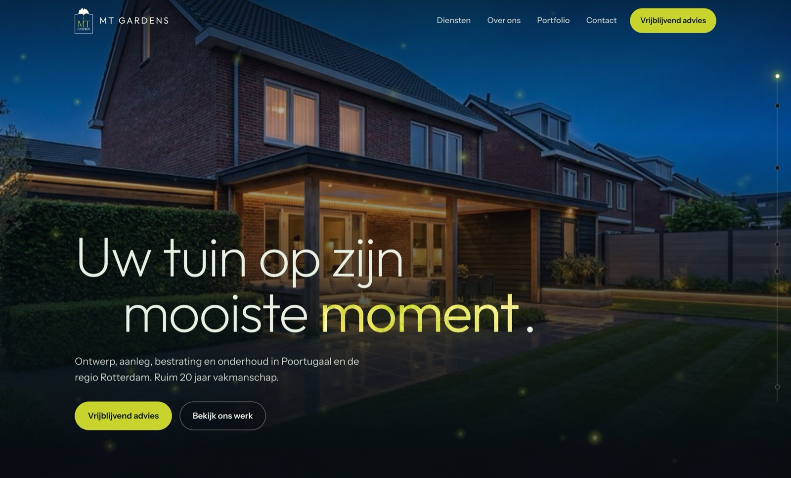 De homepage van MT Gardens: een verlichte tuin met overkapping in de avond, met de kop 'Uw tuin op zijn mooiste moment.'