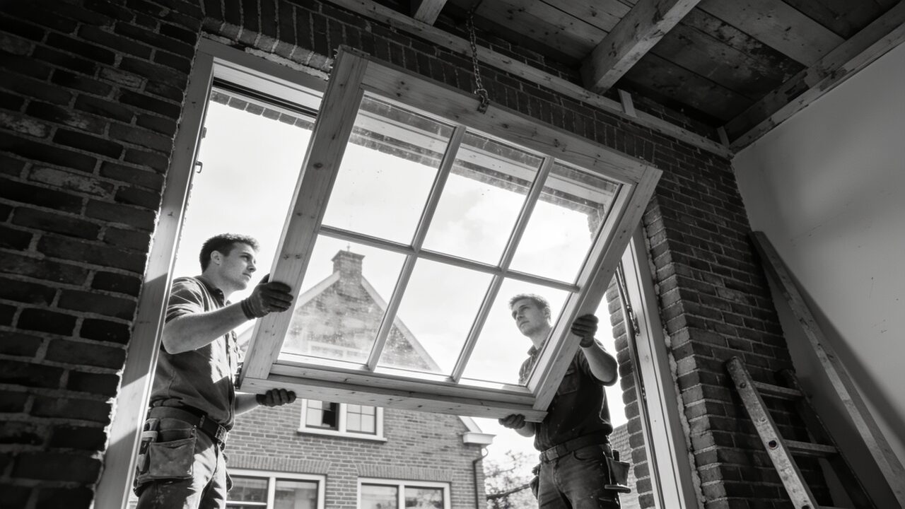 Twee monteurs plaatsen een groot houten kozijn, gezien vanuit de woning